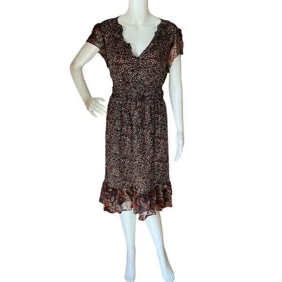 The Territory Ahead Silk Ruffle Hem Boho Midi Dress Size 14 Brown - Picture 1 of 6